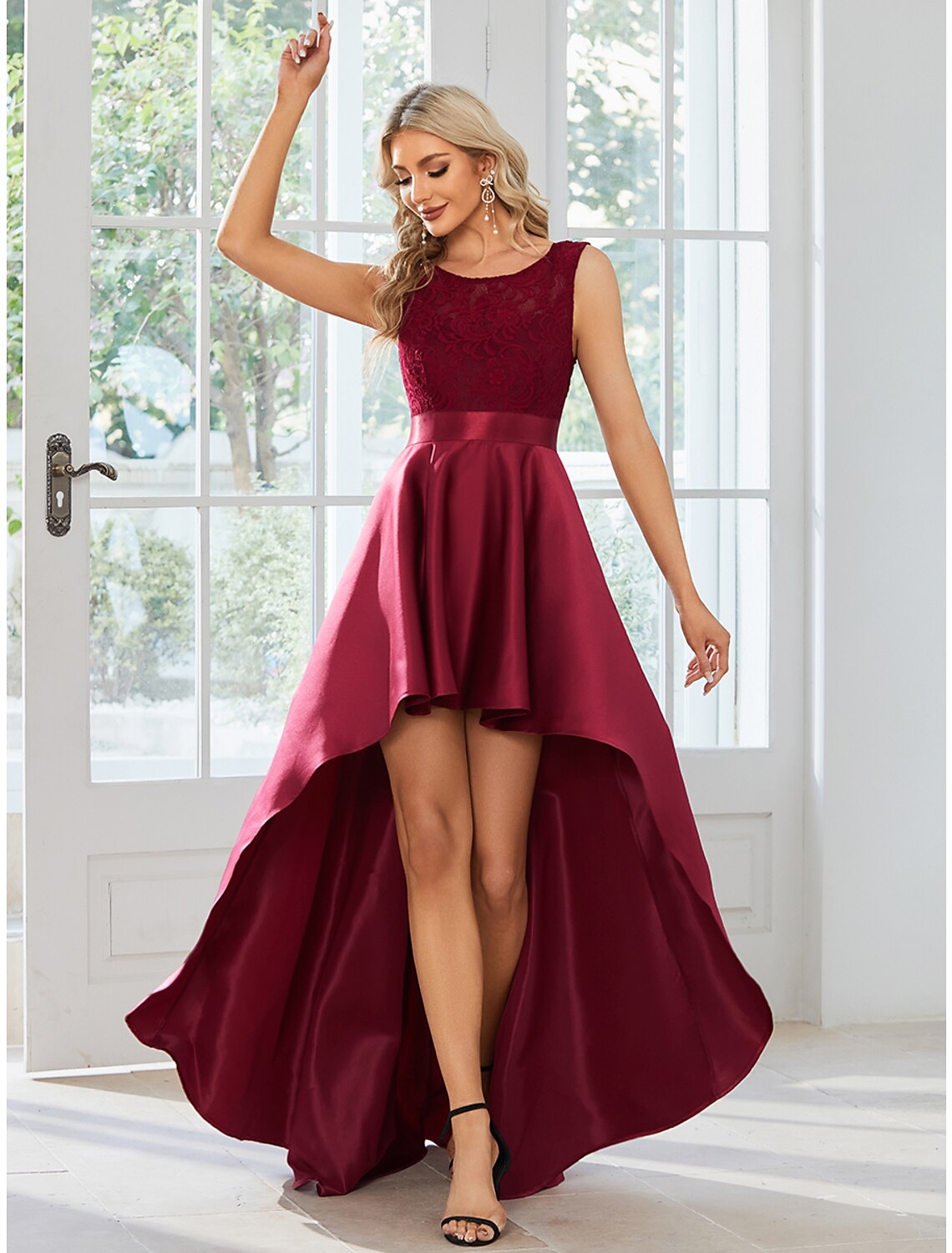 A-Line Wedding Guest Dresses Casual Dress Party Wear Asymmetrical Sleeveless Jewel Neck Satin