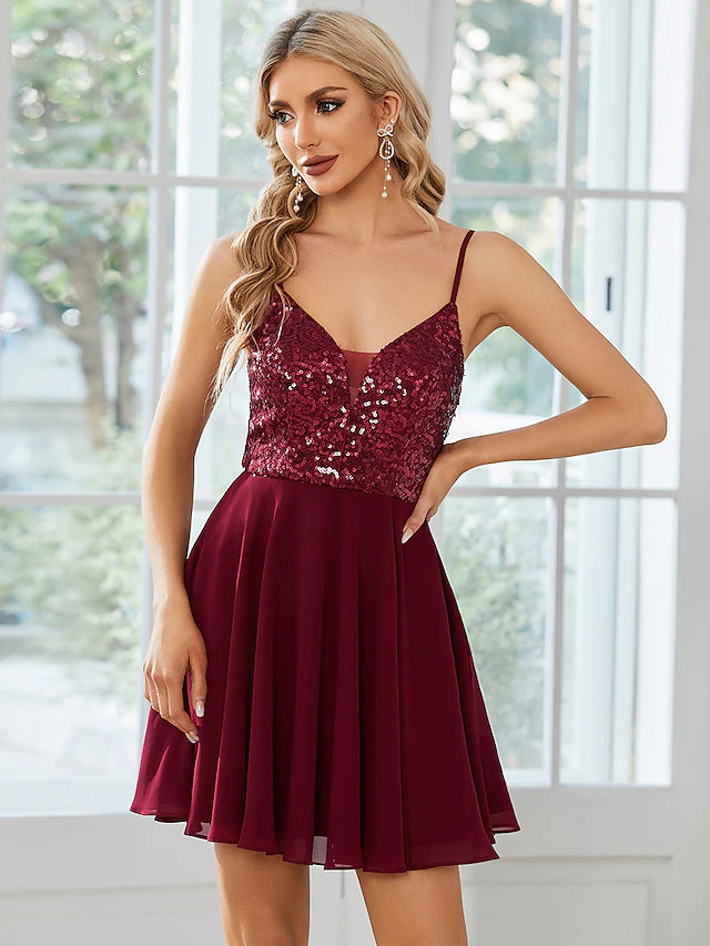 A-Line Homecoming Dresses Sexy Dress Party Wear Short / Mini Sleeveless Spaghetti Strap Chiffon with Pleats