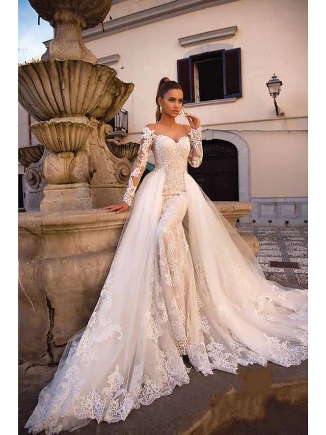 Engagement Formal Fall Wedding Dresses Mermaid / Trumpet Illusion Neck Long Sleeve Court Train Lace Bridal