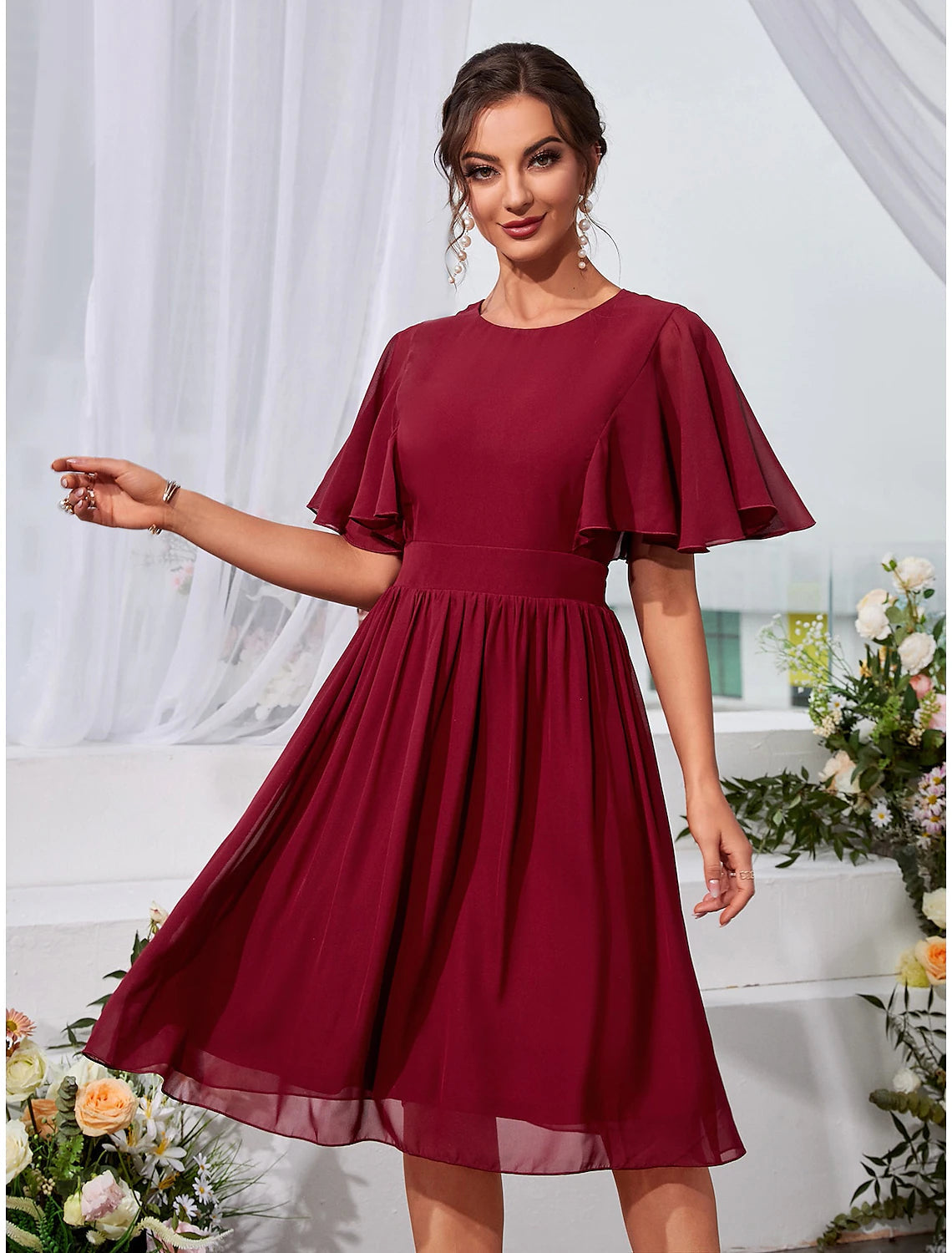 A-Line Wedding Guest Dresses Elegant Dress Holiday Knee Length Short Sleeve Jewel Neck Chiffon with Pleats