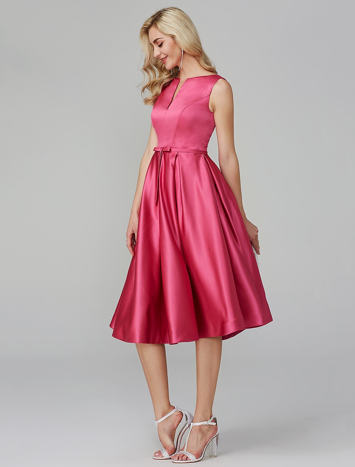 A-Line Party Dress Wedding Guest Knee Length Sleeveless V Wire Barbiecore Satin with Sash