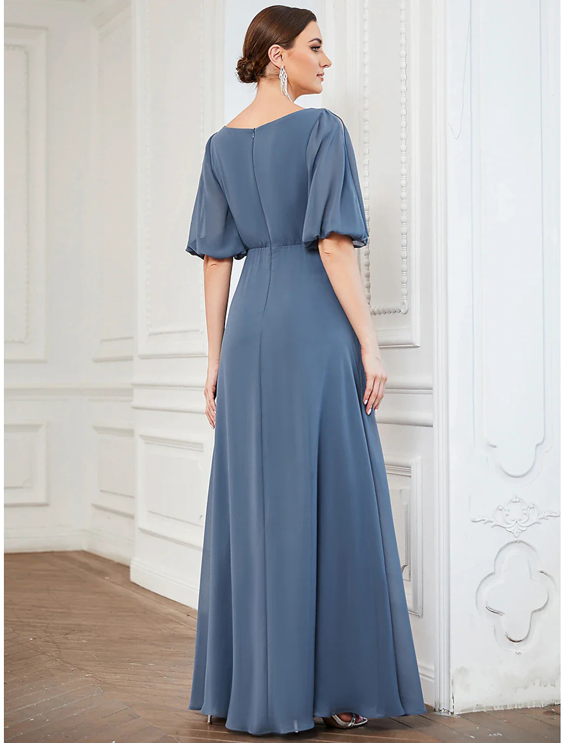 A-Line Evening Gown Minimalist Dress Wedding Guest Prom Floor Length Half Sleeve V Neck Chiffon