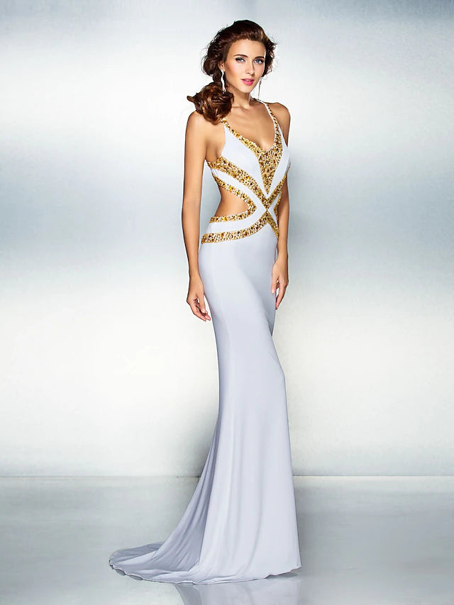 Mermaid / Trumpet Sparkle Dress Wedding Guest Sweep / Brush Train Sleeveless V Neck Jersey Crisscross Back