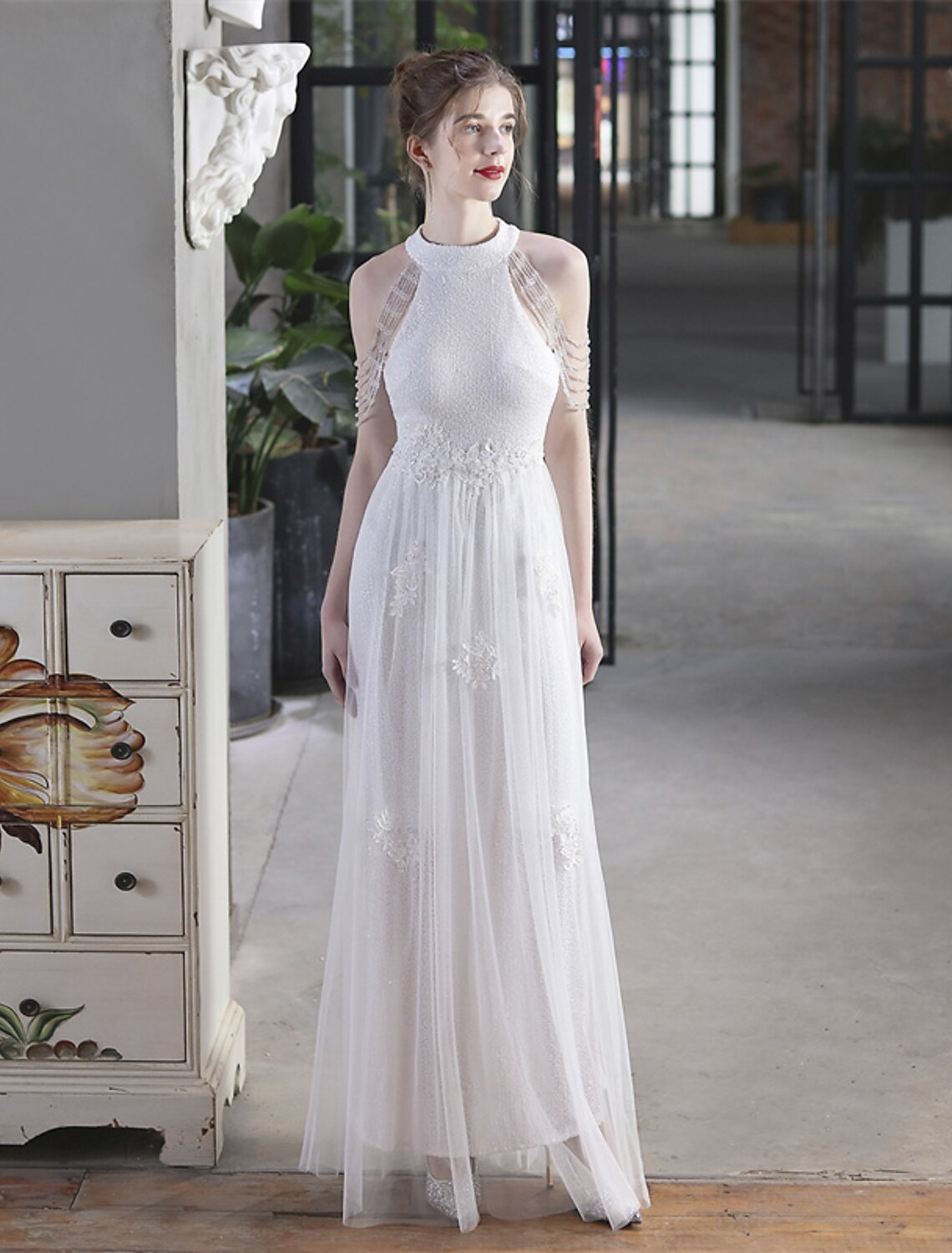 A-Line Prom Dresses Sparkle & Shine Dress Party Wear Floor Length Short Sleeve High Neck Polyester with Sequin