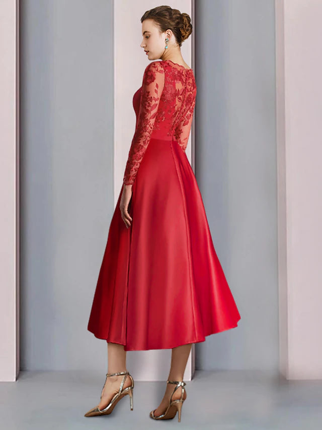 A-Line Mother of the Bride Dress Formal Wedding Guest Vintage Elegant Square Neck Tea Length Satin Lace Stretch Fabric Long Sleeve with Bow(s)