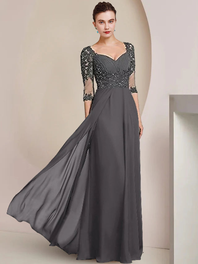 Sheath / Column Mother of the Bride Dress Formal Wedding Guest Elegant Square Neck Floor Length Chiffon Lace 3/4 Length Sleeve with Sequin Appliques