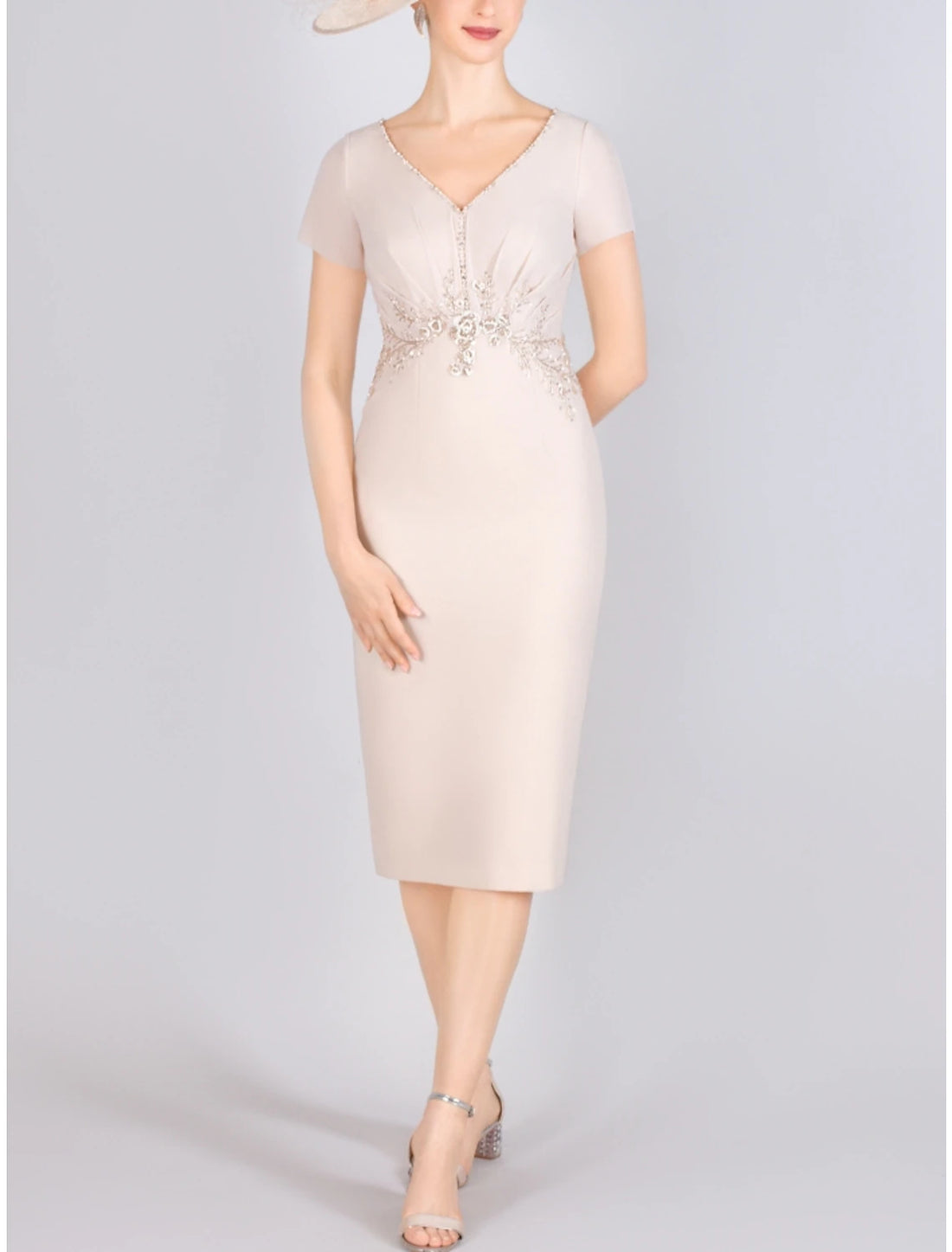 Two Piece Mother of the Bride Dress Wedding Guest Elegant Petite V Neck Knee Length Chiffon 3/4 Length Sleeve with Beading Appliques