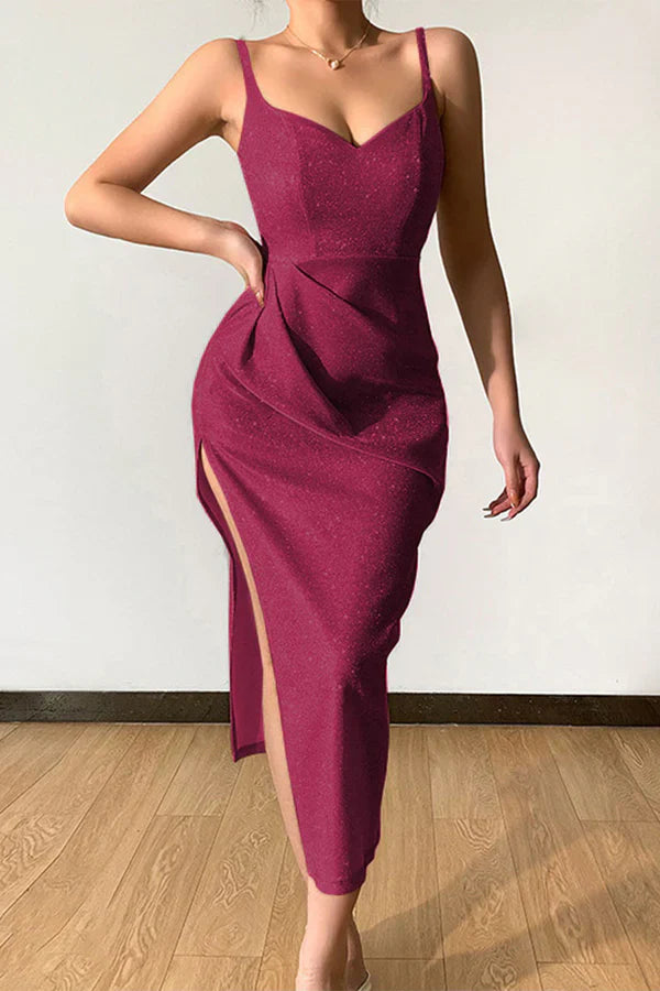 Sexy elegant solid color sequins V-neck strap evening dress Sparkly