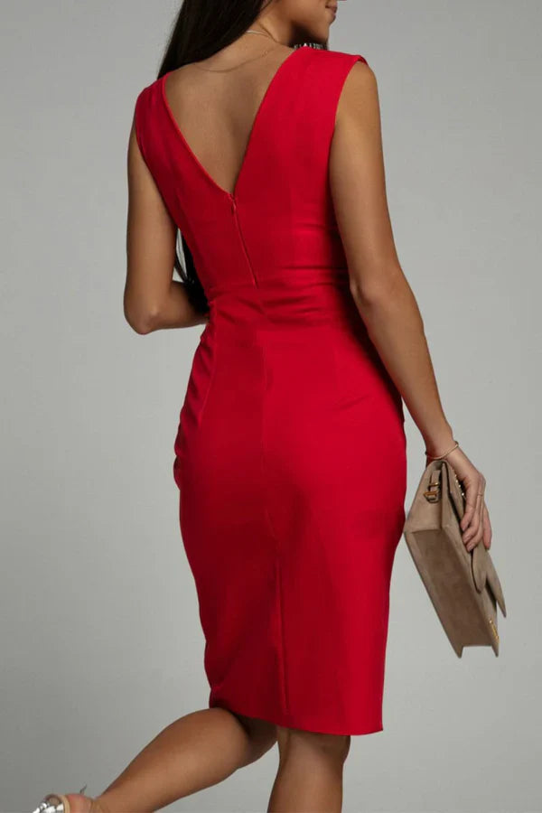 Elegant solid color slit folding V-neck evening dress Sexy Party Dress