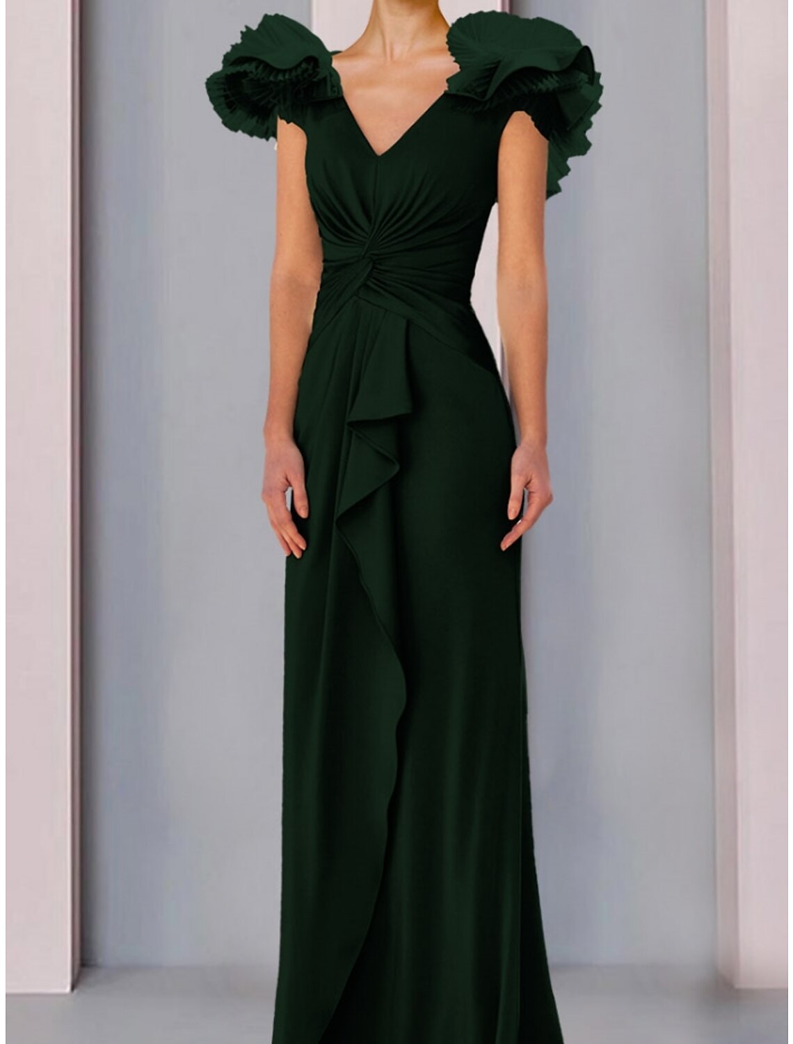 A-Line Mother of the Bride Dress Wedding Guest Elegant V Neck Floor Length Stretch Fabric Short Sleeve with Ruffles Ruching