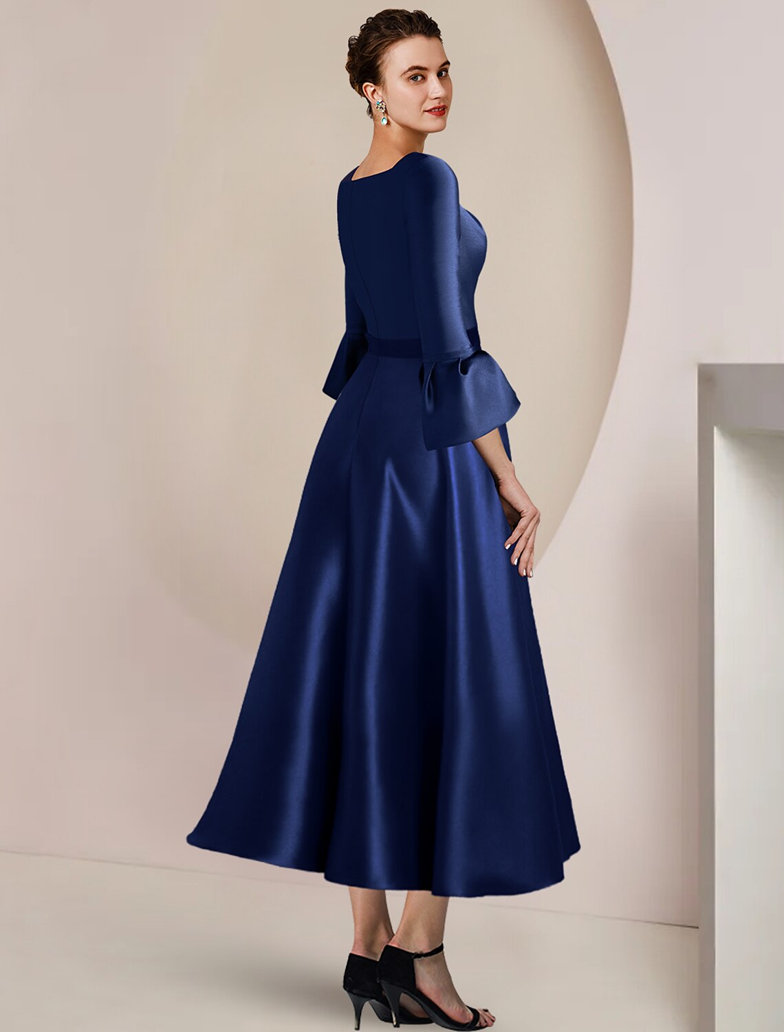 A-Line Mother of the Bride Dress Formal Wedding Guest Party Elegant Bateau Neck Tea Length Satin 3/4 Length Sleeve with Bow(s)