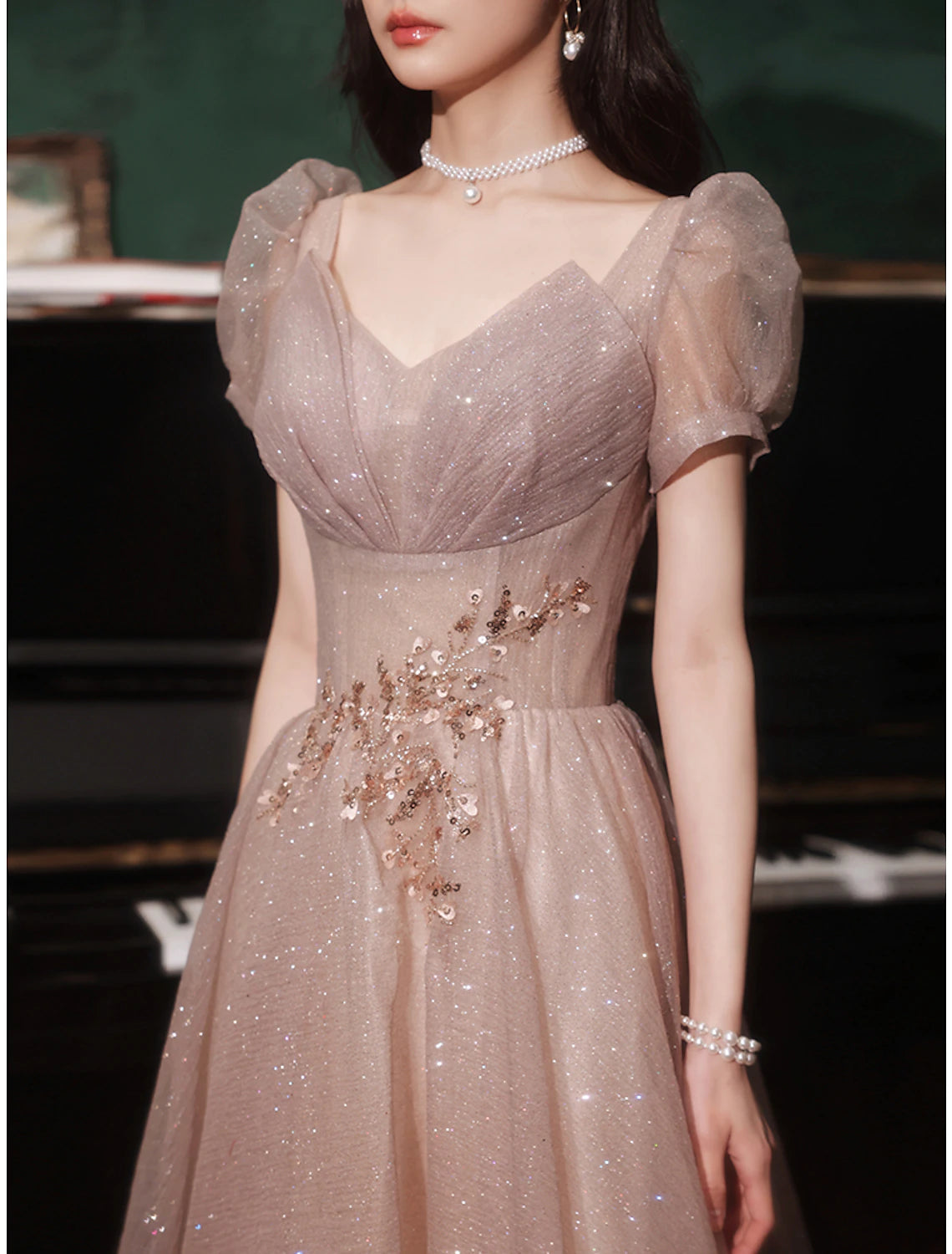A-Line Prom Dresses Sparkle & Shine Dress Prom Valentine's Day Floor Length Short Sleeve V Neck Tulle
