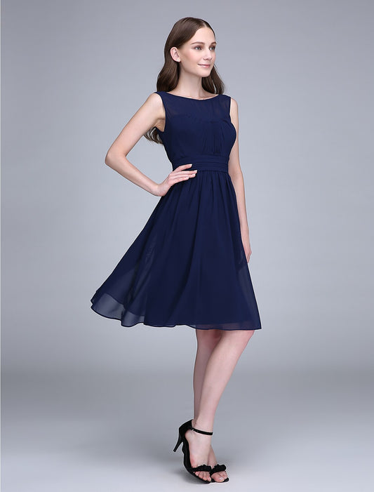 Bridesmaid Dress Jewel Neck Sleeveless Knee Length Chiffon with Ruched