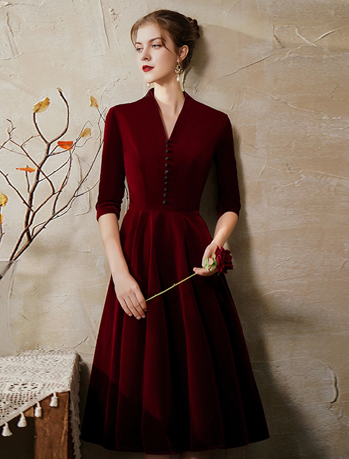 A-Line Minimalist Vintage Party Wear Cocktail Party Dress V Neck Half Sleeve Tea Length Velvet