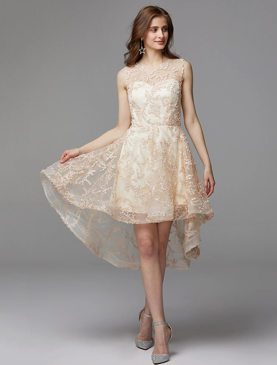 A-Line Hot Dress Wedding Guest Cocktail Party Asymmetrical Sleeveless Illusion Neck Tulle