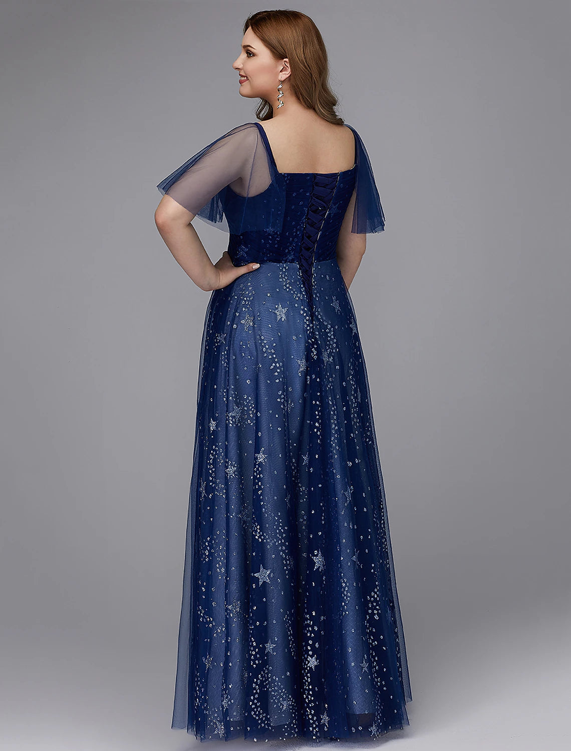A-Line Plus Size Dress Wedding Guest Prom Floor Length Short Sleeve Sweetheart Tulle Lace-up with Beading Pattern