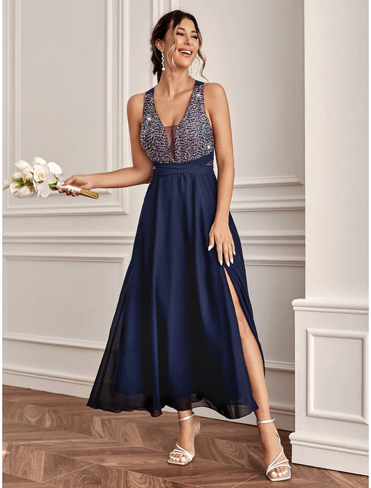 A-Line Wedding Guest Dresses Sparkle & Shine Dress Holiday Ankle Length Sleeveless V Neck Sequined with Sequin