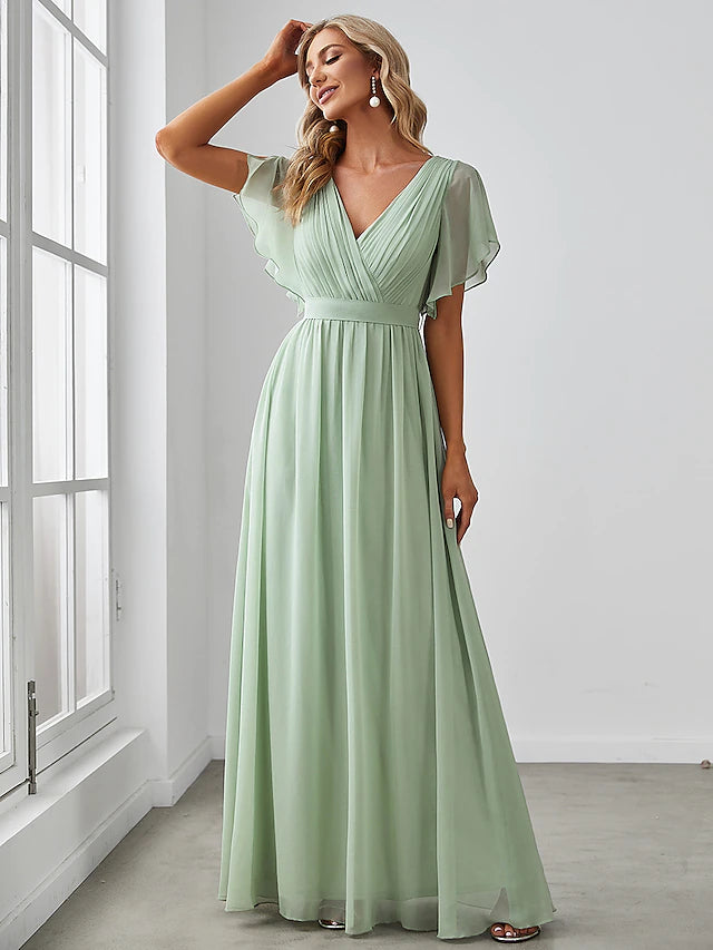 A-Line Bridesmaid Dress V Neck Short Sleeve Elegant Stretch Chiffon with Ruffles