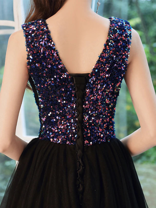 A-Line Glittering Minimalist Wedding Guest Prom Dress V Neck Sleeveless Floor Length Sequined