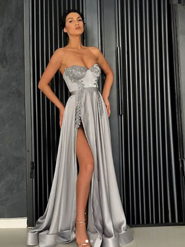 A-Line Minimalist Elegant Party Wear Prom Dress Off Shoulder Sleeveless Floor Length Satin with Pleats