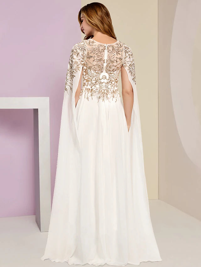 Plus Size Curve Mother of the Bride Dress Wedding Guest Party Luxurious Jewel Neck Floor Length Chiffon Lace Sequined Long Sleeve