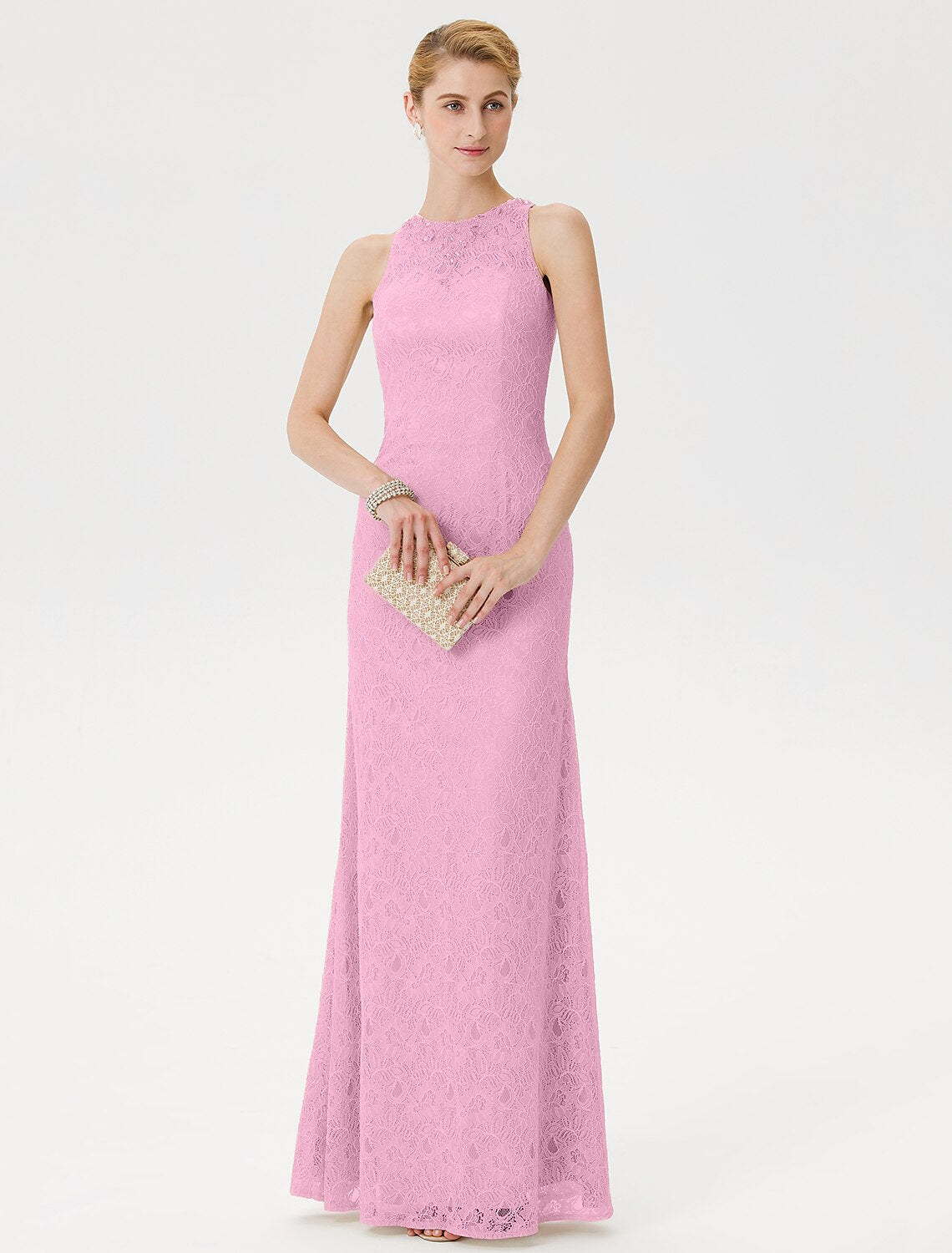 Sheath / Column Mother of the Bride Dress Elegant See Through Illusion Neck Floor Length Lace Sleeveless with Crystals