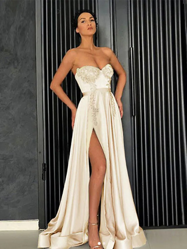 A-Line Minimalist Elegant Party Wear Prom Dress Off Shoulder Sleeveless Floor Length Satin with Pleats
