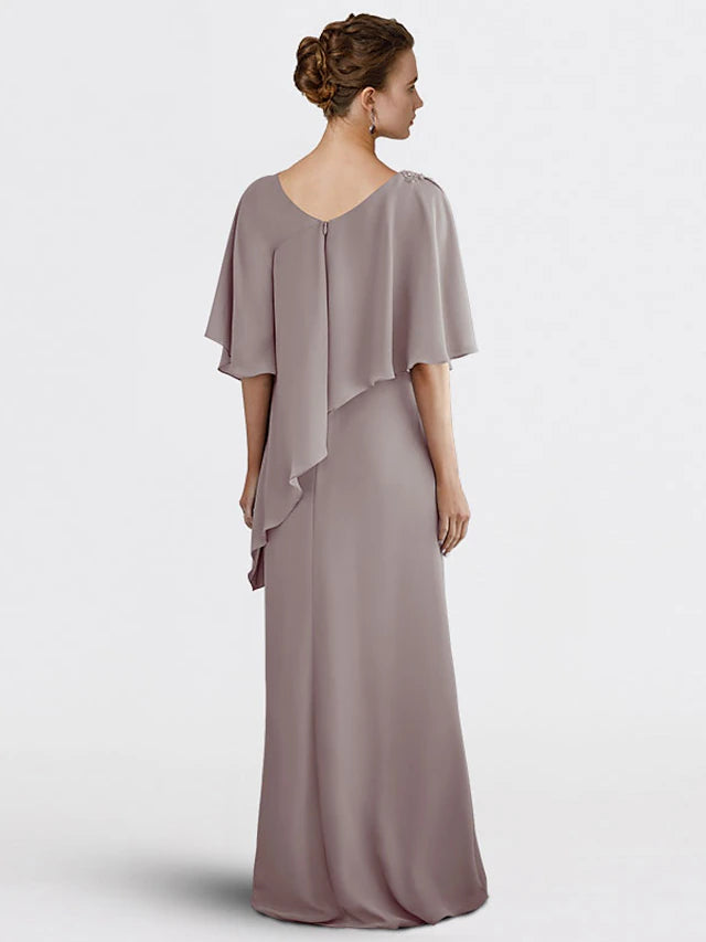 Sheath / Column Mother of the Bride Dress Plus Size Elegant V Neck Floor Length Chiffon Half Sleeve