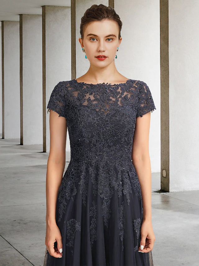 Ball Gown Mother of the Bride Dress Luxurious Elegant Jewel Neck Floor Length Lace Tulle Short Sleeve with Crystals Appliques Ball Gown Mother of the Bride Dress Luxurious Elegant Jewel Neck Floor Length Lace Tulle Short Sleeve