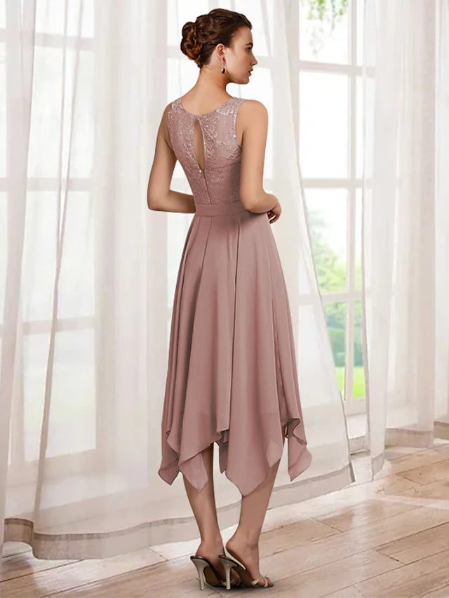 Two Piece A-Line Mother of the Bride Dress Elegant Jewel Neck Tea Length Chiffon Lace Half Sleeve Wrap Included with Sash