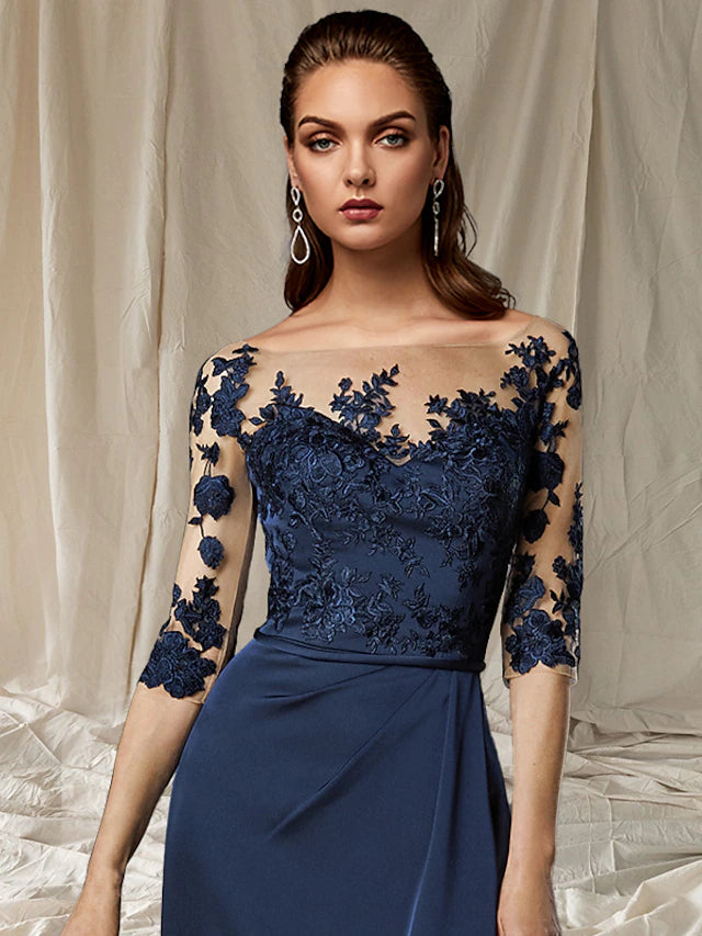 Sheath / Column Mother of the Bride Dress Plus Size Elegant Jewel Neck Sweep / Brush Train Chiffon Half Sleeve