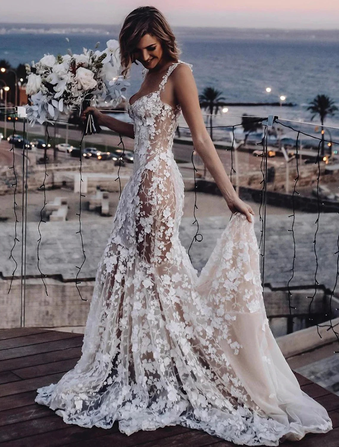 Beach Sexy Boho Wedding Dresses Mermaid / Trumpet Sweetheart Regular Straps Court Train Lace Bridal Gowns