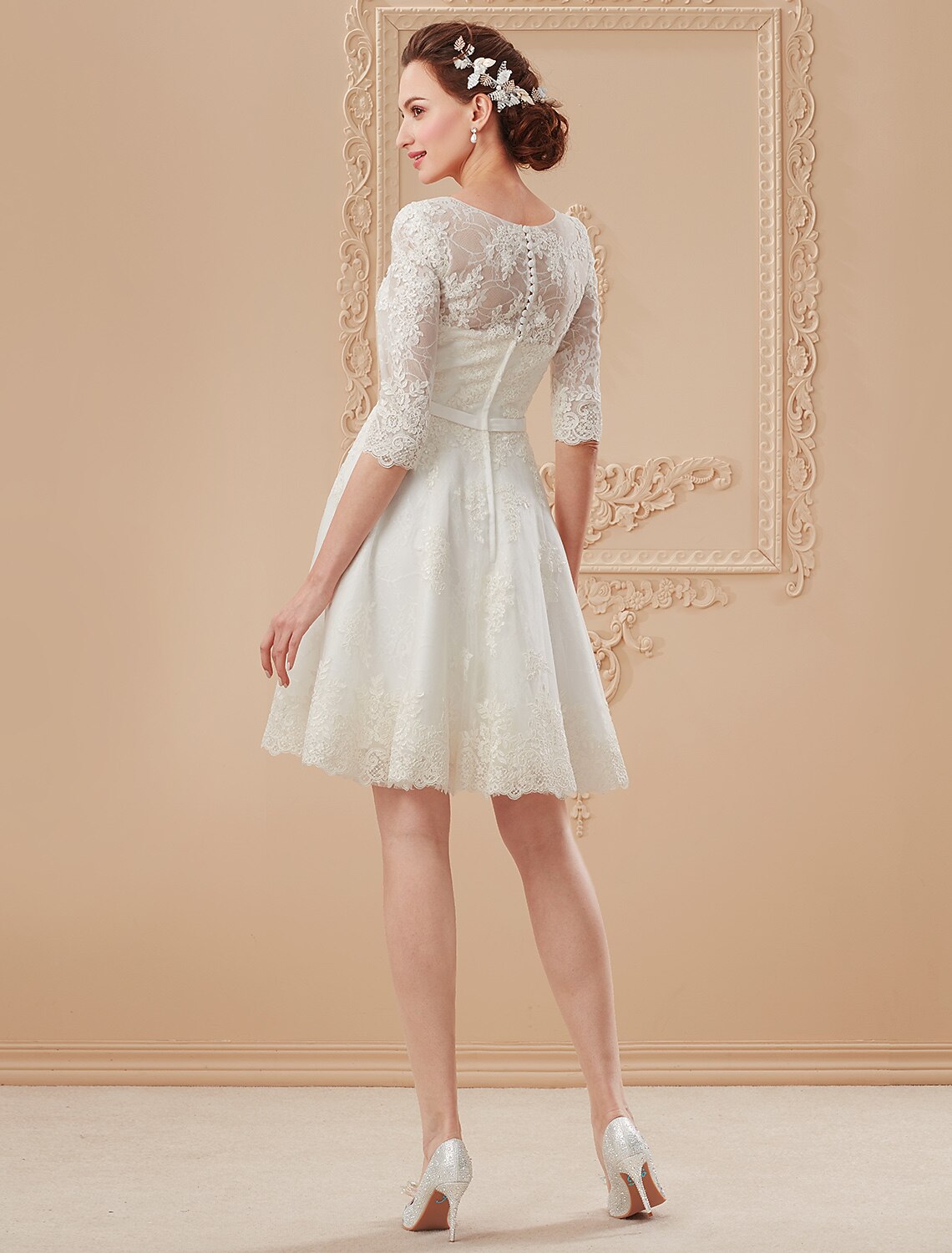 Little White Dresses Wedding Dresses Knee Length A-Line Half Sleeve V Neck Lace With Bowknot Sash