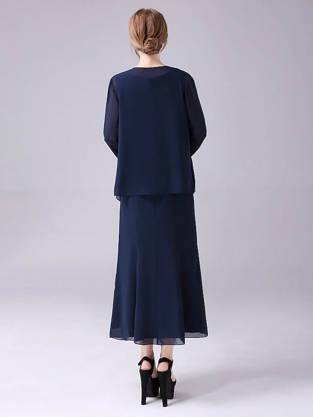 A-Line Mother of the Bride Dress Elegant Sweet Jewel Neck Ankle Length Chiffon Sleeveless