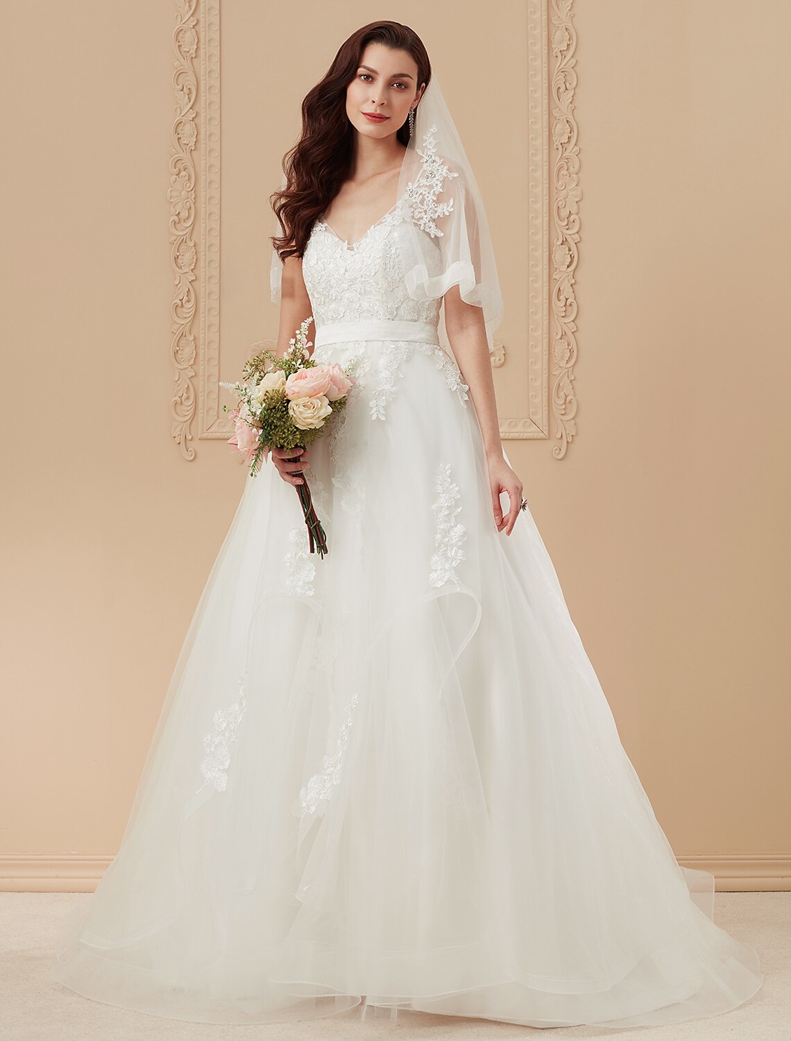 Ball Gown Wedding Dresses V Neck Sweep / Brush Train Satin Tulle Over Lace Spaghetti Strap Romantic Illusion Detail Backless