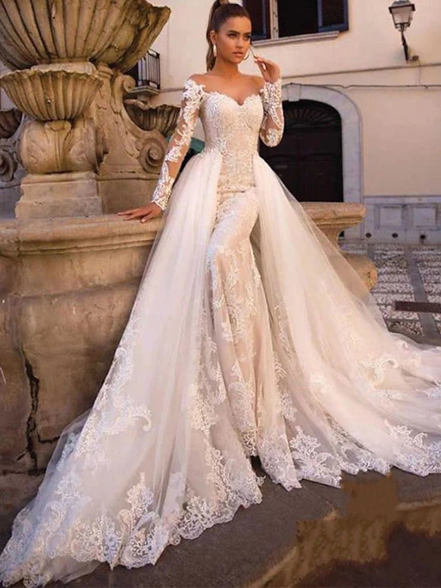 Engagement Formal Fall Wedding Dresses Mermaid / Trumpet Illusion Neck Long Sleeve Court Train Lace Bridal