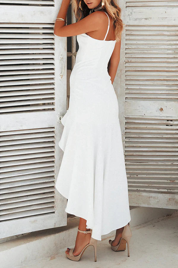Sexy solid color patchwork with thin shoulder straps flared fishtail evening dress Party Dress