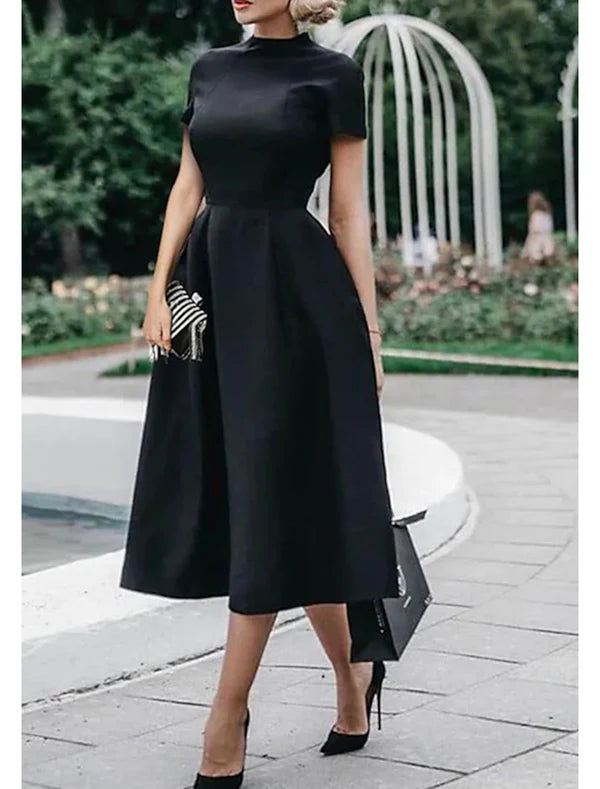 A-Line Wedding Guest Dresses Minimalist Dress Party Dress Wedding Party Tea Length Short Sleeve High Neck Stretch Satin with Pleats