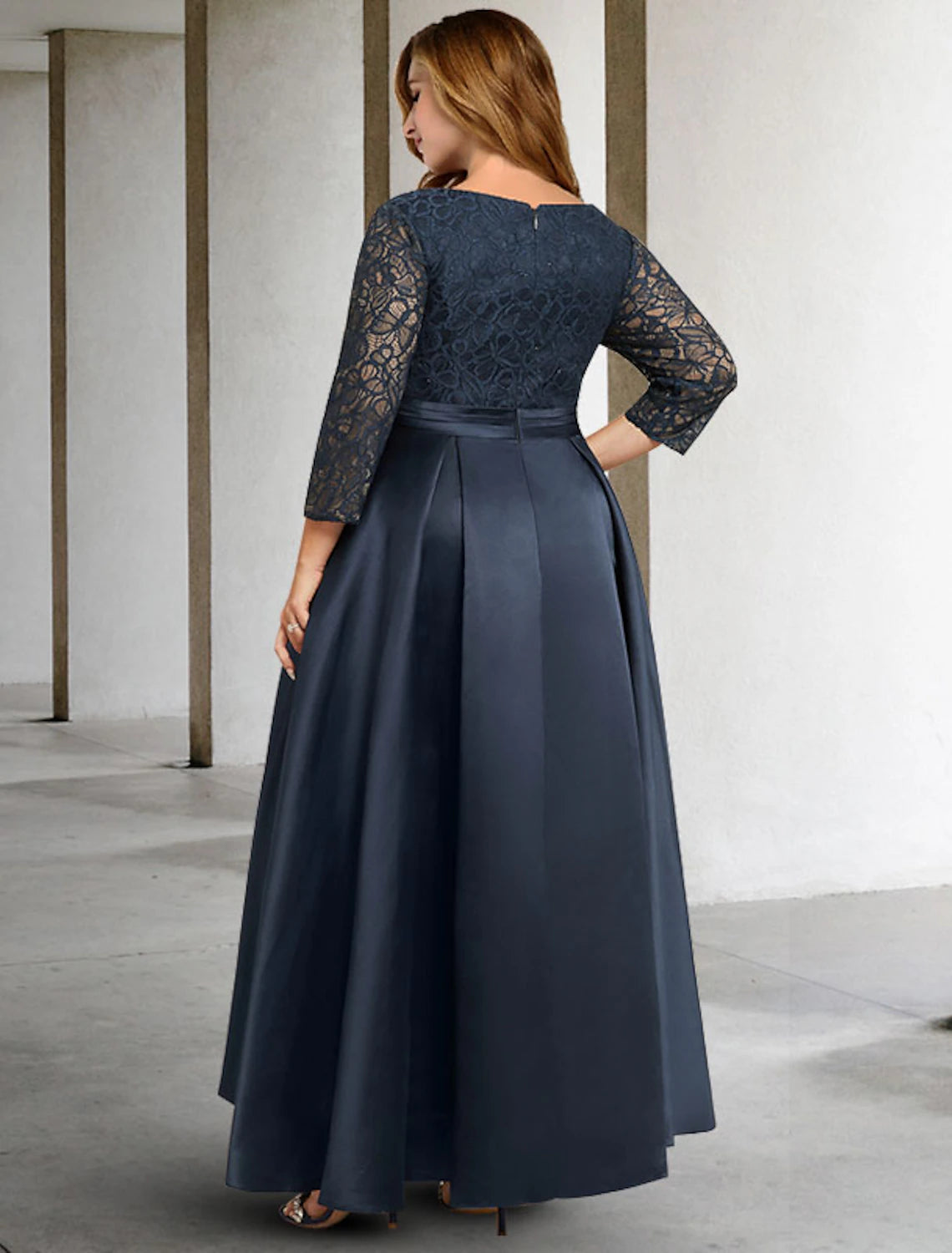 A-Line Mother of the Bride Dresses Plus Size Hide Belly Curve Elegant Dress Formal Asymmetrical 3/4 Length Sleeve V Neck Satin with Pleats