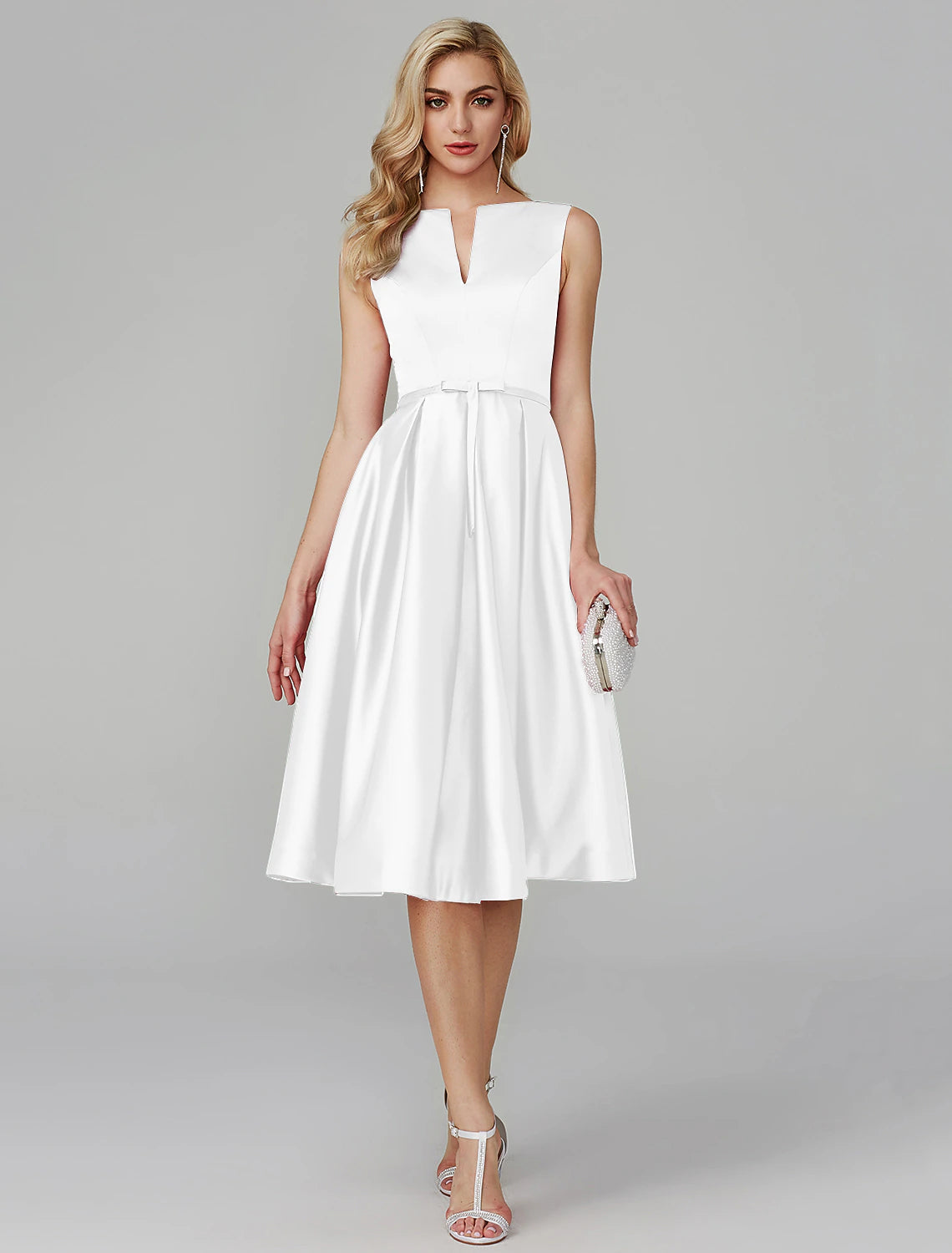 A-Line Party Dress Wedding Guest Knee Length Sleeveless V Wire Barbiecore Satin with Sash