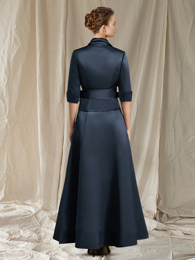 A-Line Mother of the Bride Dress Elegant Shirt Collar V Neck Ankle Length Satin Half Sleeve