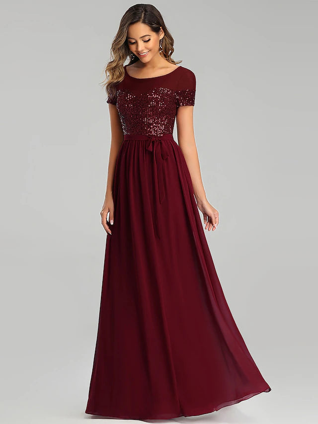 A-Line Bridesmaid Dress Jewel Neck Short Sleeve Elegant Floor Length Chiffon with Sash / Ribbon