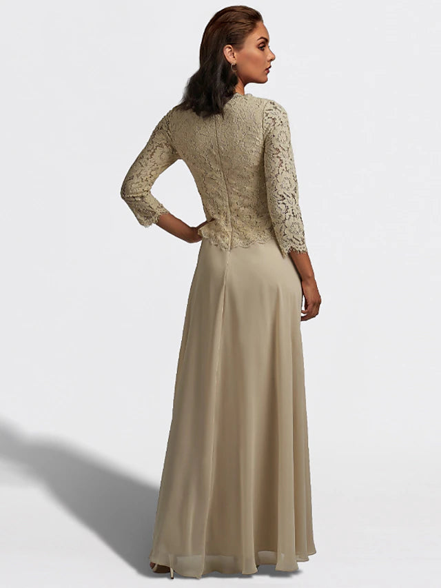 A-Line Mother of the Bride Dress Plus Size Elegant V Neck Floor Length Chiffon Lace 3/4 Length Sleeve with Pleats