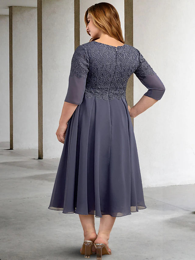 A-Line Plus Size Curve Mother of the Bride Dresses Elegant Dress Formal Tea Length Half Sleeve V Neck Chiffon with Buttons