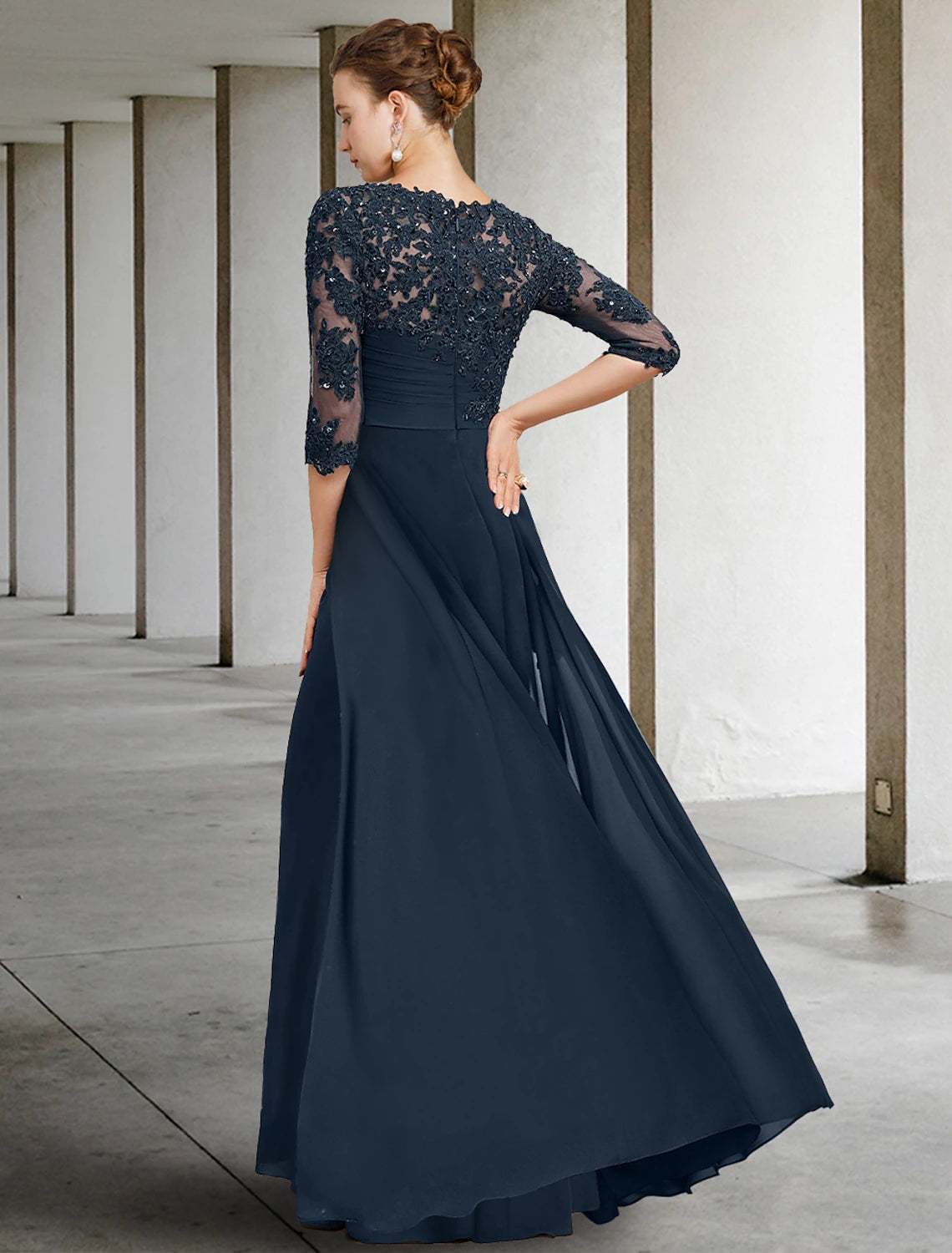 Sheath / Column Mother of the Bride Dress Wedding Guest Elegant Jewel Neck Floor Length Chiffon Lace Half Sleeve with Sequin Ruching