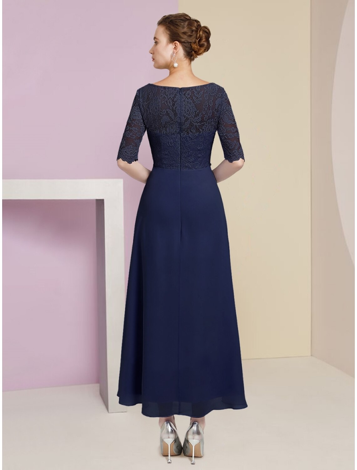 A-Line Mother of the Bride Dress Wedding Guest Elegant Scoop Neck Ankle Length Stretch Chiffon Half Sleeve with Crystals