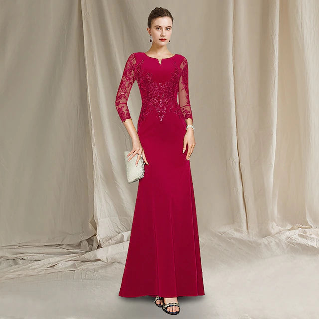 Sheath / Column Mother of the Bride Dress Elegant Jewel Neck Floor Length Chiffon Lace Short Sleeve with Sequin Ruffles