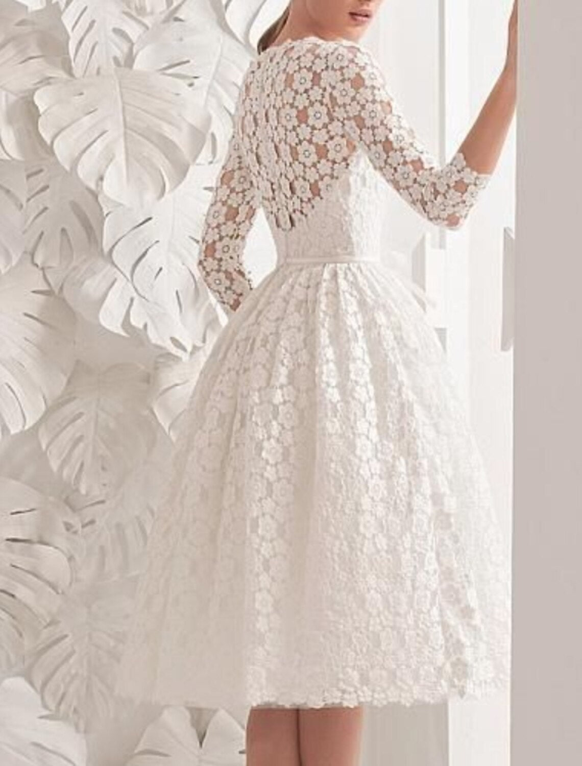 Reception Little White Dresses Wedding Dresses A-Line Scoop Neck 3/4 Length Sleeve Knee Length Lace Bridal Gowns With Sashes / Ribbons