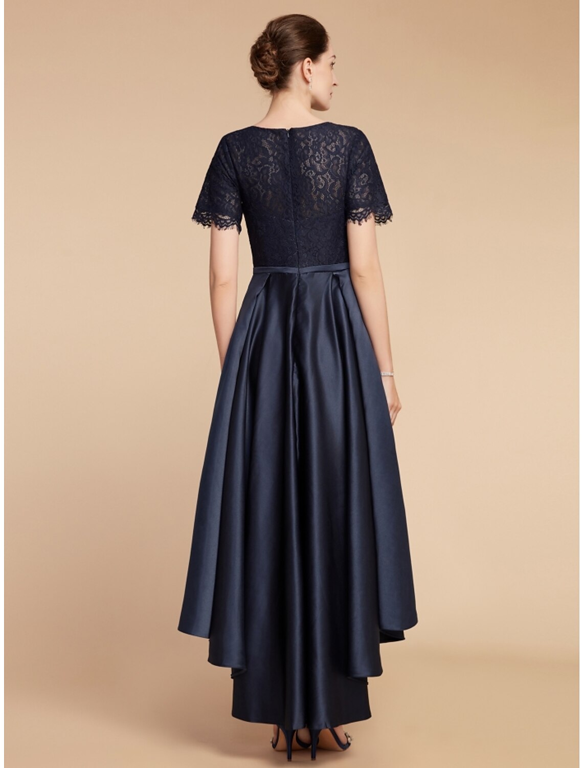 A-Line Mother of the Bride Dress Wedding Guest Elegant Jewel Neck Asymmetrical Satin Lace Short Sleeve with Ruching