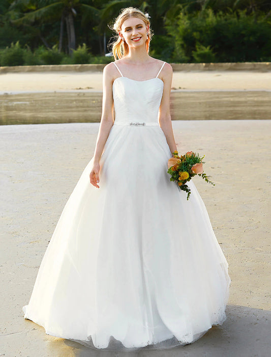 Beach Wedding Dresses A-Line Spaghetti Strap Sleeveless Sweep / Brush Train Chiffon Bridal Gowns With Sashes